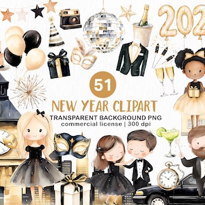 Watercolor New Year Clipart, Cute New Years Eve Clipart, New Year Clipart Bundle, Happy New Year, New Year 2025, New Year PNG