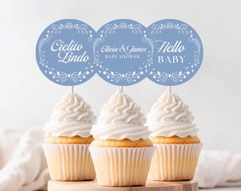 Cielito Lindo Cupcake Toppers, Toppers Editables Cielito Lindo Azul Imprimible, Blue Talavera Cupcake Topper, Canva, Cielito Lindo Party Favor