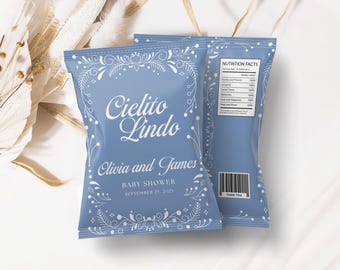 Etiqueta para bolsa de papas fritas Cielito Lindo: Plantilla editable de envoltorio para bolsa de papas fritas Cielito Lindo azul en Canva para regalos de baby shower de Cielito Lindo