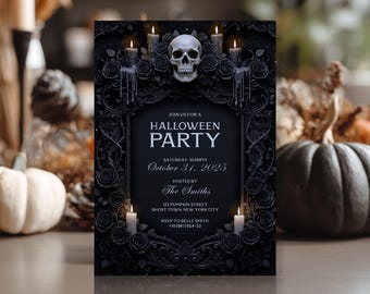 Invitación de Halloween con calavera gótica editable, invitación para fiesta de Halloween, invitación para fiesta completamente negra, fiesta de Halloween imprimible para adultos
