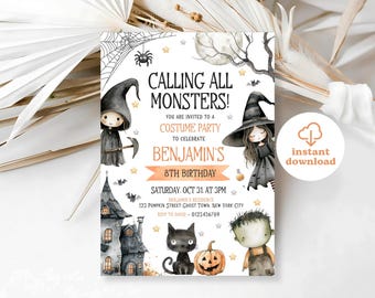 Invitación de cumpleaños de Halloween editable, invitación a fiesta de Halloween, invitación a fiesta de disfraces de Halloween, invitación de cumpleaños espeluznante, Canva