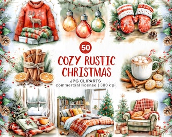 Clipart de Navidad rústica acogedora en acuarela, clipart de Navidad acogedora, clipart de Navidad rústica, paquete de clipart de Navidad rústica acogedora, JPG