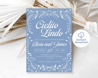 Invitación al baby shower de Cielito Lindo, invitación a Talavera azul, invitación a Cielito Lindo, invitación al baby shower mexicano, invitación a Papel Picado