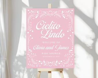 Plantilla de signo de bienvenida de Cielito Lindo Baby Shower, signo de bienvenida de Cielito Lindo rosa, signo de baby shower de Talavera, signo de baby shower mexicano, Canva