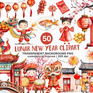 Clipart de Año Nuevo chino en acuarela, lindo clipart de Año Nuevo lunar, paquete de clipart de Año Nuevo lunar, Año de la serpiente, Año Nuevo chino 2025