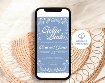 Invitación al teléfono móvil Cielito Lindo, invitación digital Cielito Lindo, invitación móvil Talavera azul, invitación al teléfono Cielito Lindo azul, Canva