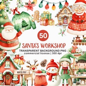 Aquarell Weihnachtscliparts, niedliche Weihnachten Clipart Bundle, süße Weihnachtsmann Clipart, Weihnachten Rentier, Elfe, Weihnachtsbaum, Schneemann, PNG