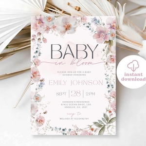 Baby in Bloom Baby Shower Invitation, Editable Wildflower Baby Shower Template, Spring Flowers Baby Shower Invite