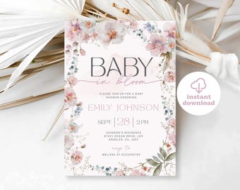 Invitación para baby shower "Bebé en flor", plantilla editable de flores silvestres, invitación para baby shower "Flores de primavera"