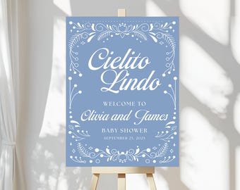 Letrero de bienvenida de Cielito Lindo azul, letrero de bienvenida de baby shower de Cielito Lindo, letrero de talavera azul para baby shower, letrero de baby shower mexicano, Canva