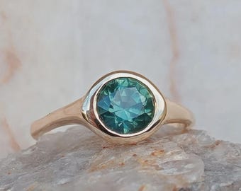 Anillo de zafiro verde azulado, anillo de zafiro de 1 ct, anillo de zafiro australiano, anillo de oro macizo, anillo de compromiso de zafiro