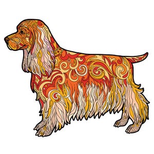 May include: A detailed illustration of a cocker spaniel dog with intricate patterns and swirls in shades of orange, yellow, and white.