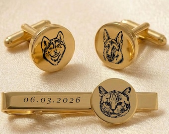 Personalized Pet Photo Tie Clip & Cufflinks Set, Custom Pet Portrait Tie Bar, Groom Wedding Gift