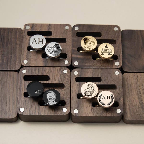 Custom Photo Portrait Cufflinks with woodbox- Engraved Couple Gift