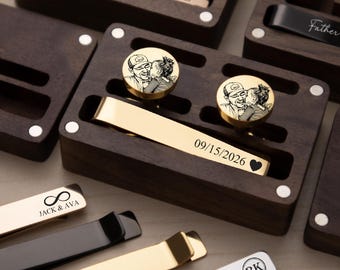Photo Portrait Cufflinks and Tie Clip Set - Personalized Stainless Steel Gift