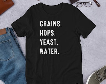 Camiseta de cerveza artesanal / Granos. Lúpulo. Levadura. Agua. / Camiseta de cervecería / Regalo para amantes de la cerveza / Regalo de cerveza