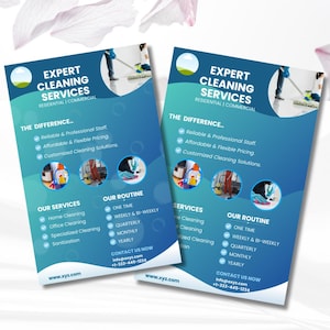 Op de afbeelding: Een blauwe en groene flyer die professionele schoonmaakdiensten voor residentiële en commerciële eigendommen adverteert. De flyer somt diensten op zoals huishoudelijke schoonmaak, kantoorschoonmaak, gespecialiseerde schoonmaak en desinfectie. Het bevat ook een regelmatig schoonmaakschema, inclusief eenmalige, wekelijkse, tweewekelijkse, driemaandelijkse, maandelijkse en jaarlijkse opties. De flyer bevat contactgegevens en het websiteadres www.xyz.com.