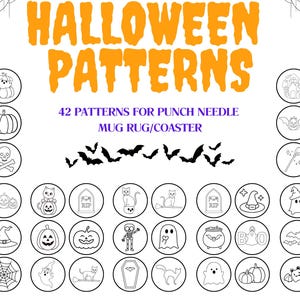 42 spooky Halloween punch needle patterns/templates for mug rug/coaster embroidery. 3.4 inches. printable digital file