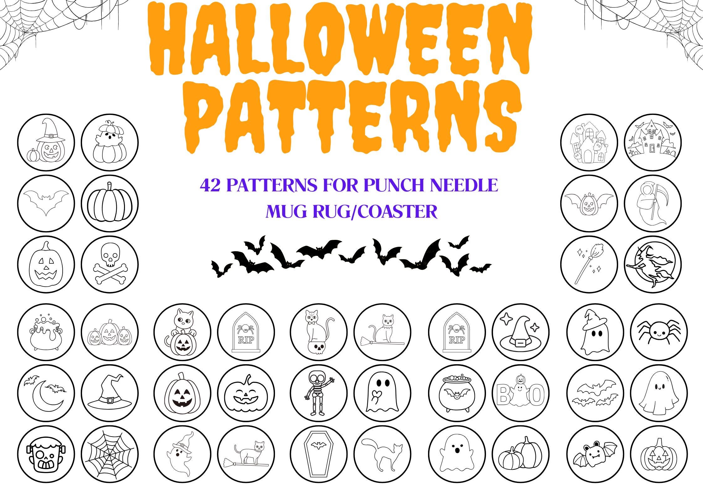 42 spooky Halloween punch needle patterns/templates for mug rug/coaster embroidery. 3.4 inches. printable digital file
