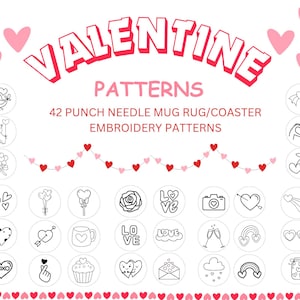 42 love/Valentine&#39;s Day punch needle embroidery patterns for Mug Rug/Coaster 3.4 inch