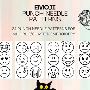 24 Emoji mood punch needle embroidery patterns/templates for mug rug/coaster/ornament