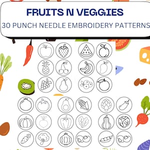 30 Fruits and Veggies punch needle embroidery patterns/templates for mug rug/coaster, 3.4 inches