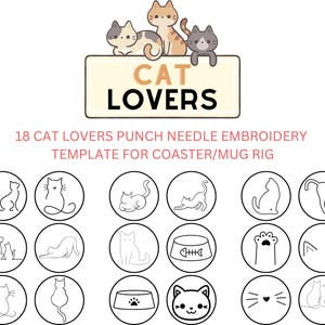 18 Cat Lovers punch needle embroidery pattern/template for mug rug/coaster, 3.4 inches