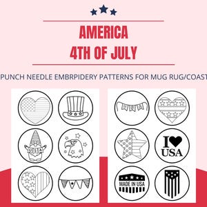 12 America/4th of July punch needle patterns/templates for mug rug/coaster. 3.4 inches. Printable PFD