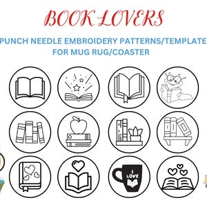 12 Book Lovers punch needle embroidery patterns/templates for mug rug/coaster, 3.4 inches.