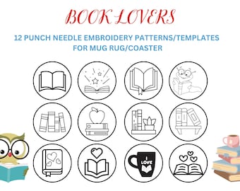 12 Book Lovers punch needle embroidery patterns/templates for mug rug/coaster, 3.4 inches.