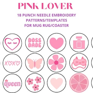 18 Pink Lovers punch needle embroidery patterns/templates for mug rug/coaster
