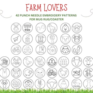 42 Farm Lovers punch needle embroidery patterns/templates for mug rug/coaster. 3.4 inches. Printable File