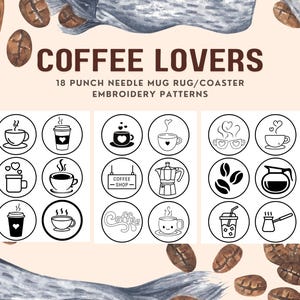 18 punch needle embroidery patterns/templates for mug rug/coaster, 3.4 inches. printable A4 PDF document