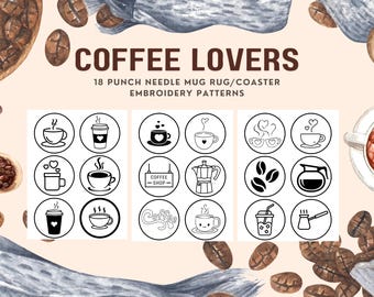 18 punch needle embroidery patterns/templates for mug rug/coaster, 3.4 inches. printable A4 PDF document