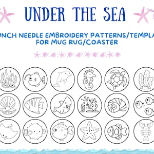 24 &quot;under the sea&quot; punch needle embroidery patterns/templates for mug rug/coaster, 3.4 inches