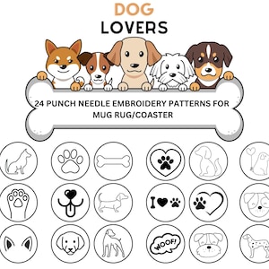 24 Dog Lovers punch needle embroidery patterns/templates for mug rug/coaster. 3.4 inches.