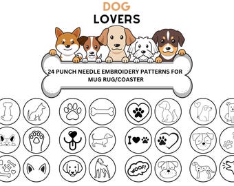 24 Dog Lovers punch needle embroidery patterns/templates for mug rug/coaster. 3.4 inches.