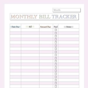 Printable Monthly Bill Tracker | Budget Planner (digital Download) - Etsy