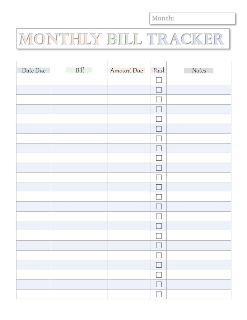 Monthly Bill Tracker | Printable Bill Payment Tracker | Monthly Bill ...
