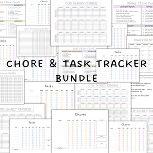 May include: A bundle of printable chore and task trackers. The pages feature various layouts for tracking household tasks, including daily, weekly, and monthly schedules. The text "CHORE & TASK TRACKER BUNDLE" is displayed prominently.