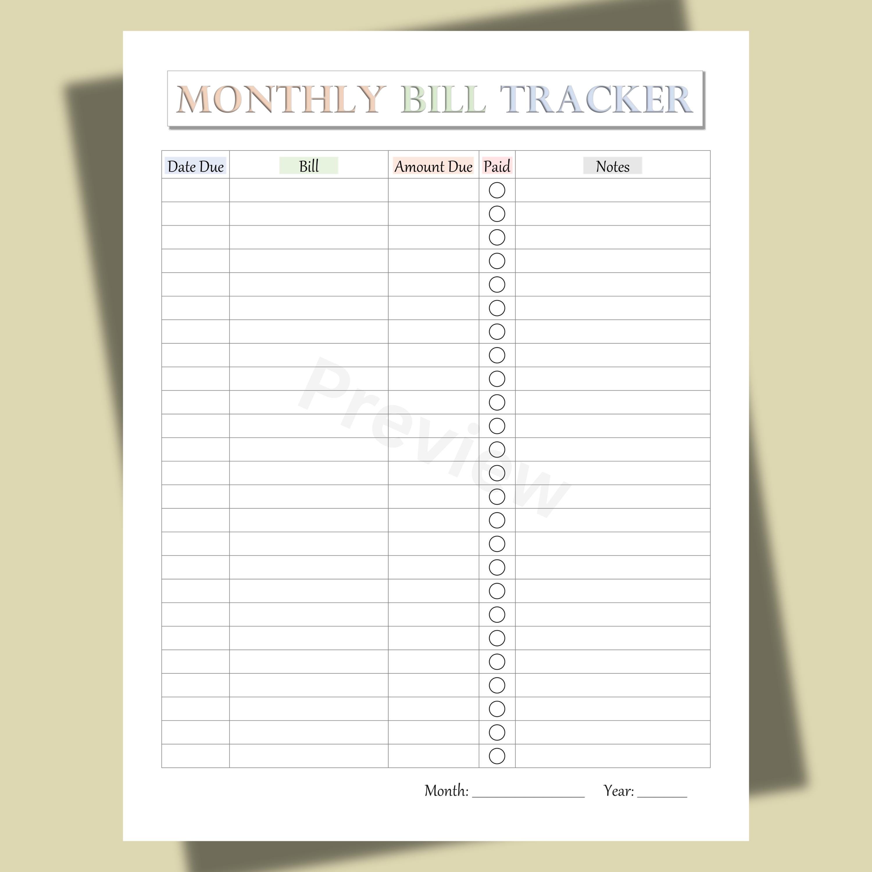 Monthly Bill Tracker Printable | Bill Payment Tracker | Budget Planner ...