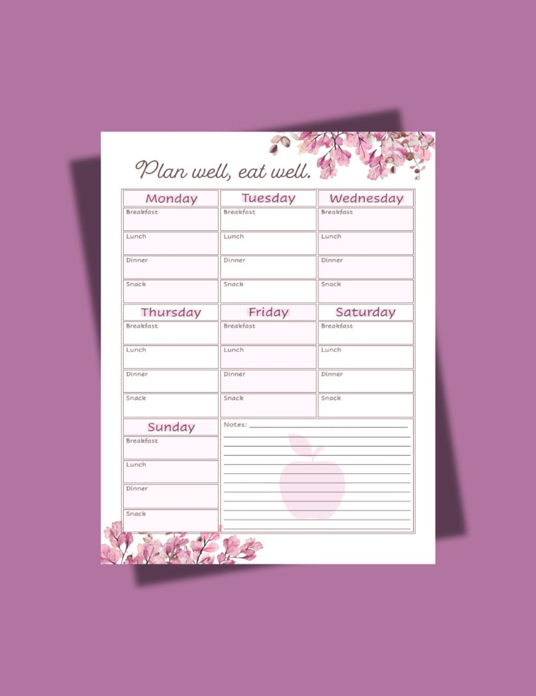 Pink Floral Meal Planner Printable | Weekly Menu Planner + Notes ...