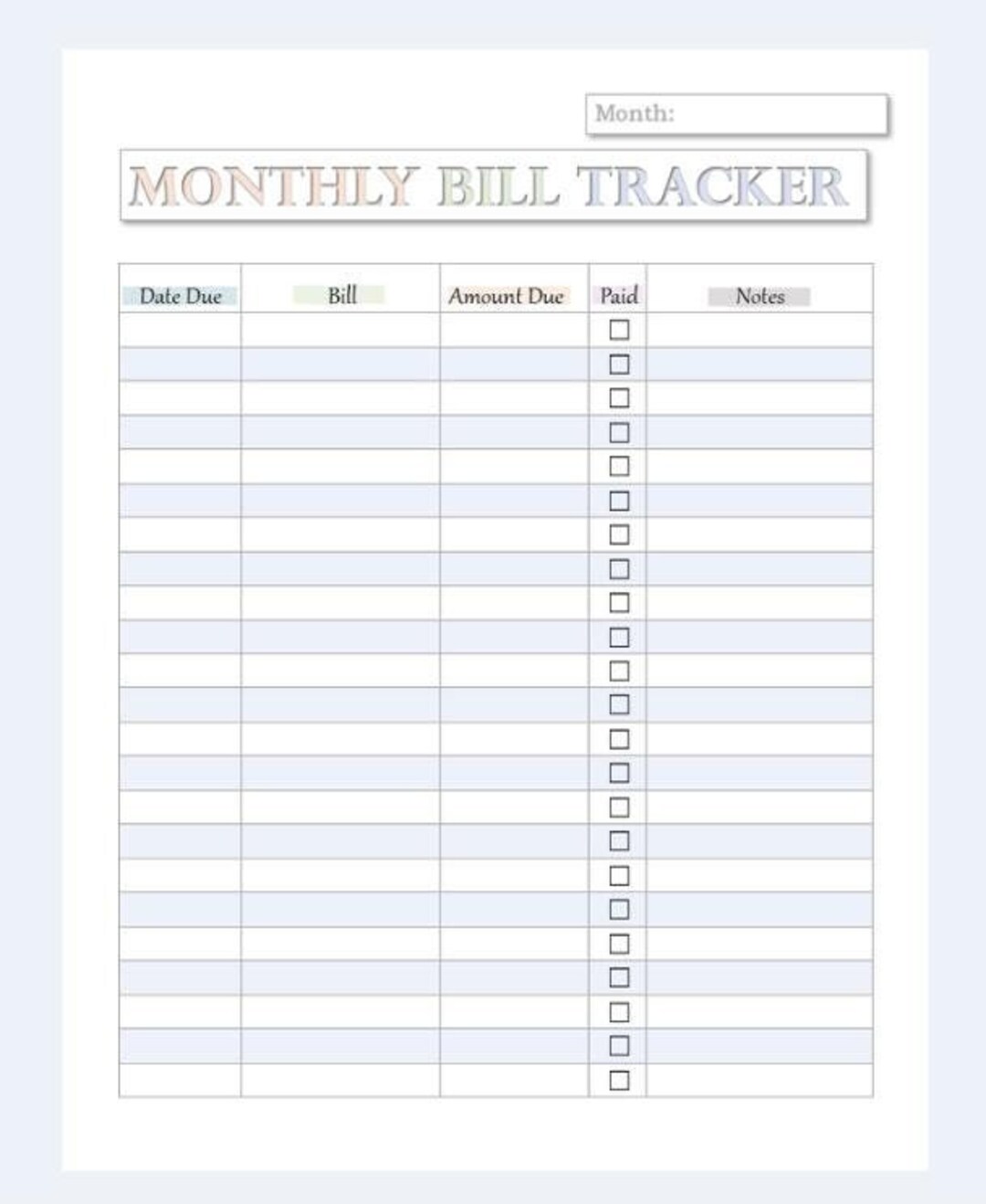 Monthly Bill Tracker Printable | Budget Planner (digital Download) - Etsy