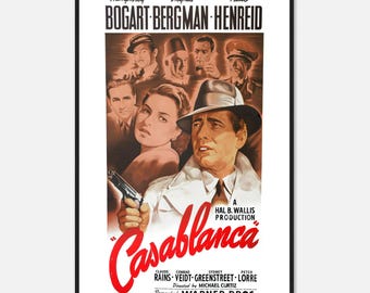 Manifesto di Casablanca / Stampa del film Bogart & Bergman del 1942 / Arte murale classica di Hollywood vintage