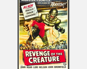 May include: Vintage movie poster for "Revenge of the Creature." The poster features a large green monster holding a woman in a red dress. Text includes "Monster Escapes!" and "All New Thrills! Shock! Suspense!" in a retro style. The title is in a red banner.