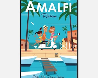 Amalfi Riviera Poster | Vintage Italy Travel Print | Retro Coastal Wall Art | Digital Download