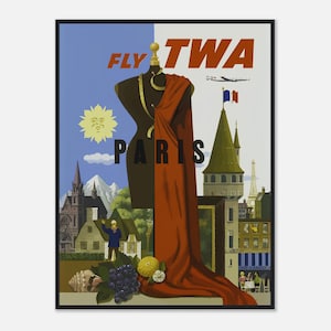 Fly TWA to Paris Travel Poster | Retro Airline Wall Art | Vintage Paris Travel Print | Midcentury France Decor | Digital Download