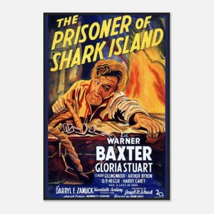 May include: A vintage movie poster for "The Prisoner of Shark Island" featuring Warner Baxter and Gloria Stuart. The poster has a dark blue border with yellow and white text. A man with a beard is the central figure.