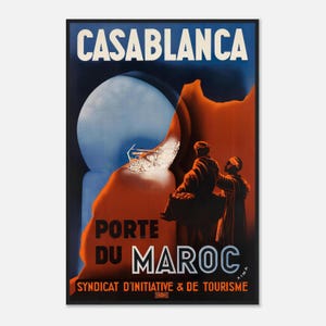 May include: Vintage travel poster for Casablanca, Morocco. The poster features the word "CASABLANCA" in white block letters at the top, with "PORTE DU MAROC" below. The image includes two figures in traditional clothing and a blue and orange color scheme.