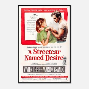 Póster de &quot;Un tranvía llamado deseo&quot; / Impresión de la película Marlon Brando de 1951 / Arte mural de cine clásico vintage